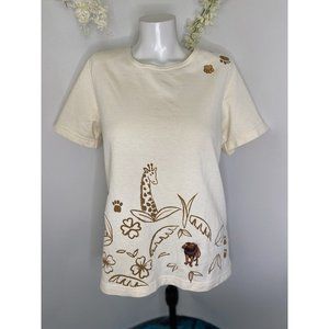 Vintage Foot 80s Top Lion Embroidery Paw Prints Size‎ L Beige Rare Blouse EUC